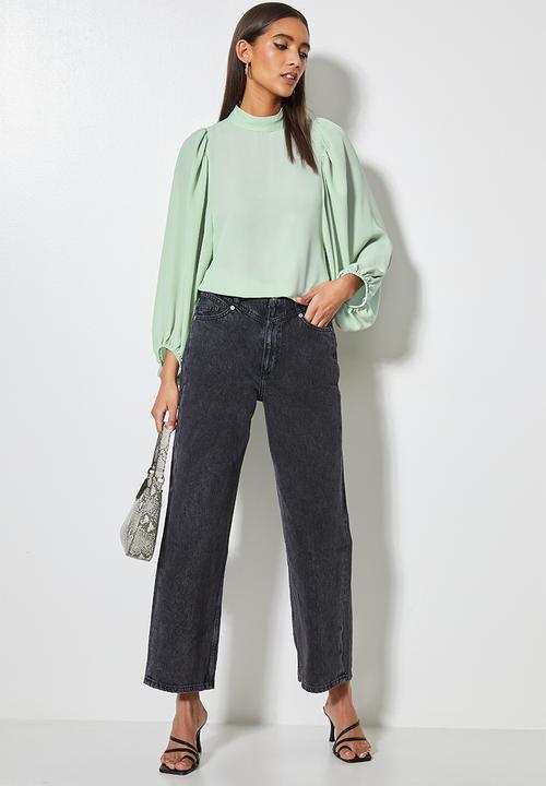 VELVET - Turtle neck woven blouse with draped sleeve - green 
