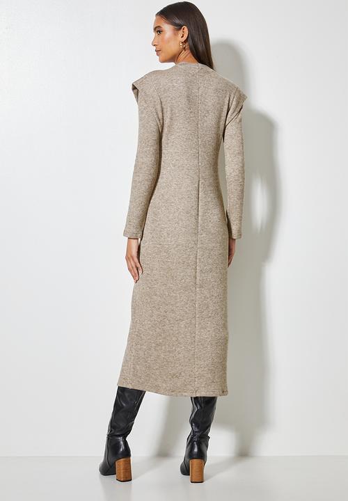 VELVET - Brushed soft touch power shoulder column midi dress - mocca melange