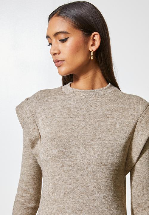 VELVET - Brushed soft touch power shoulder column midi dress - mocca melange