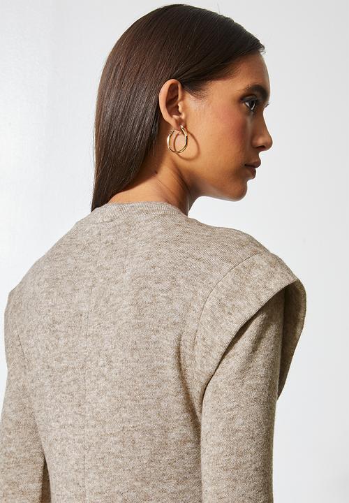 VELVET - Brushed soft touch power shoulder column midi dress - mocca melange
