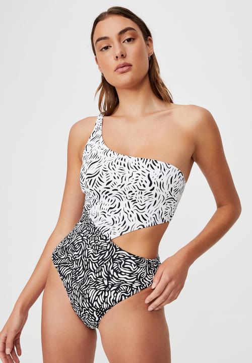 Cotton On - One shoulder one piece brazilian - wildest speckle white/black