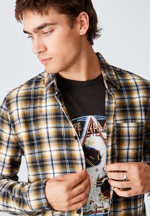 Cotton On - Washed long sleeve check shirt - black & yellow 