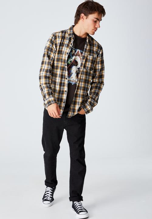 Cotton On - Washed long sleeve check shirt - black & yellow 