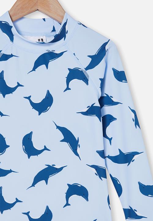 Cotton On - Flynn long sleeve raglan rash vest - white water blue/dolphin