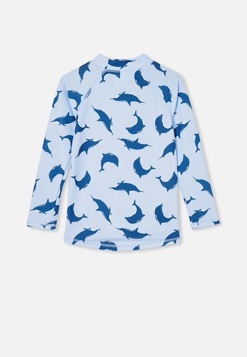 Cotton On - Flynn long sleeve raglan rash vest - white water blue/dolphin