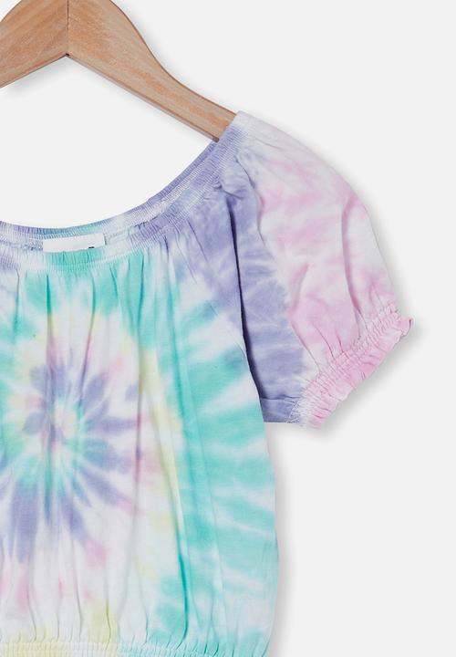 Cotton On - Daphne puff sleeve top - pastel spiral rainbow tie dye