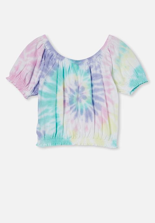 Cotton On - Daphne puff sleeve top - pastel spiral rainbow tie dye