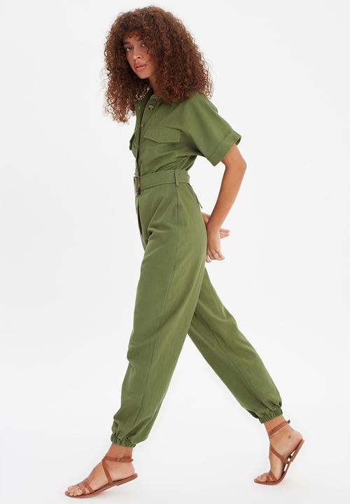 Trendyol - Belted button jumpsuit  - green
