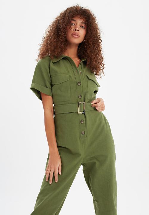 Trendyol - Belted button jumpsuit  - green