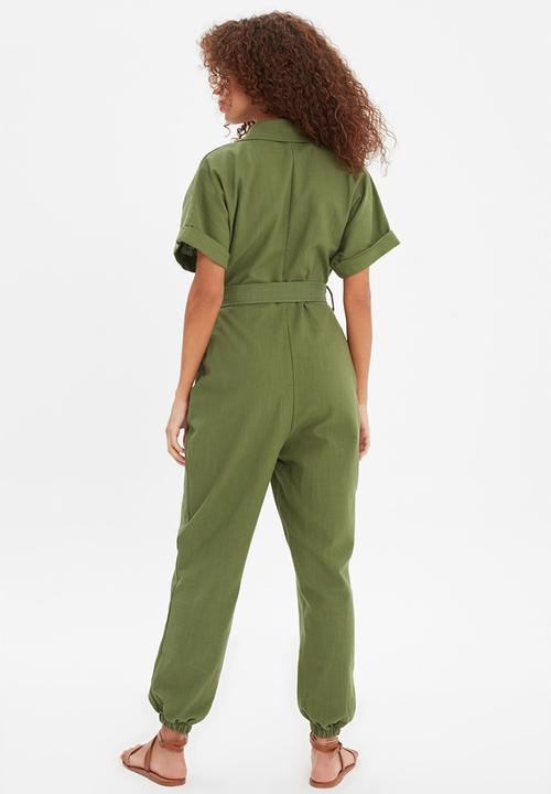 Trendyol - Belted button jumpsuit  - green