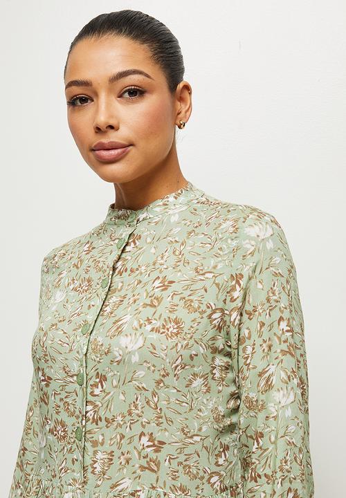 edit - Long sleeve mandarin collar tiered maxi - natural floral