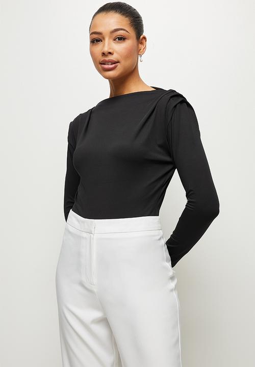 MILLA - Slinky knit bodysuit with shoulder tucks - black