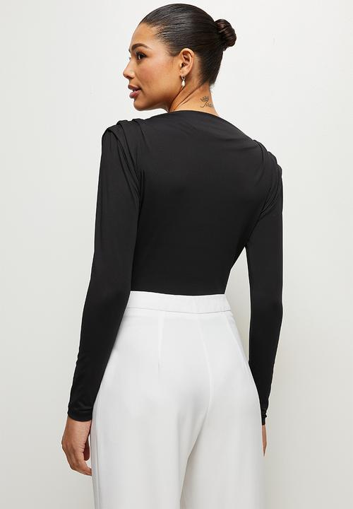 MILLA - Slinky knit bodysuit with shoulder tucks - black
