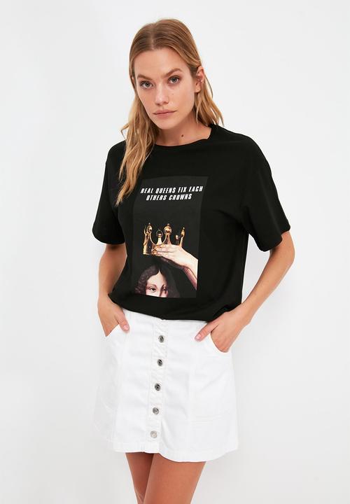 Trendyol - Boyfriend printed knitted T-shirt - black