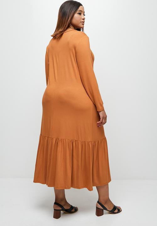 edit Plus - Conscious ballet sleeve scoop neck slit midi - terracotta