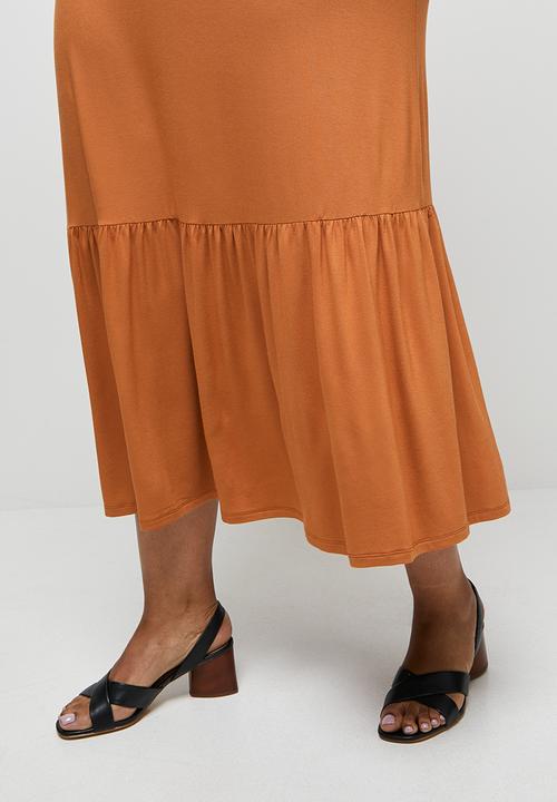 edit Plus - Conscious ballet sleeve scoop neck slit midi - terracotta