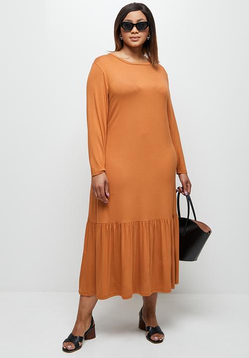 edit Plus - Conscious ballet sleeve scoop neck slit midi - terracotta