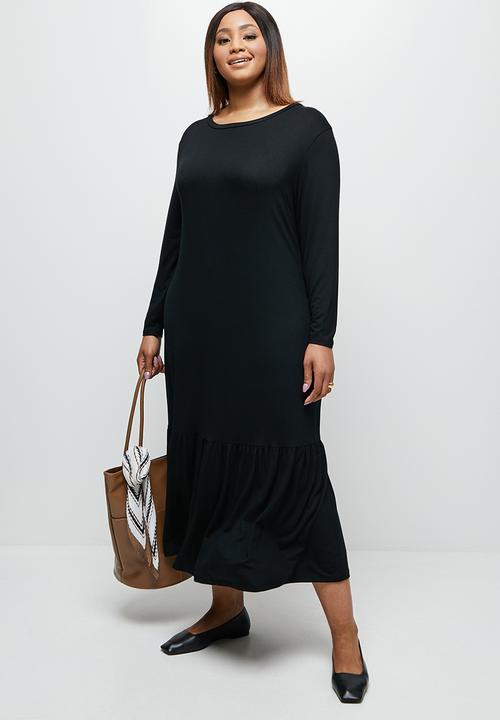 edit Plus - Conscious ballet sleeve scoop neck slit midi - black