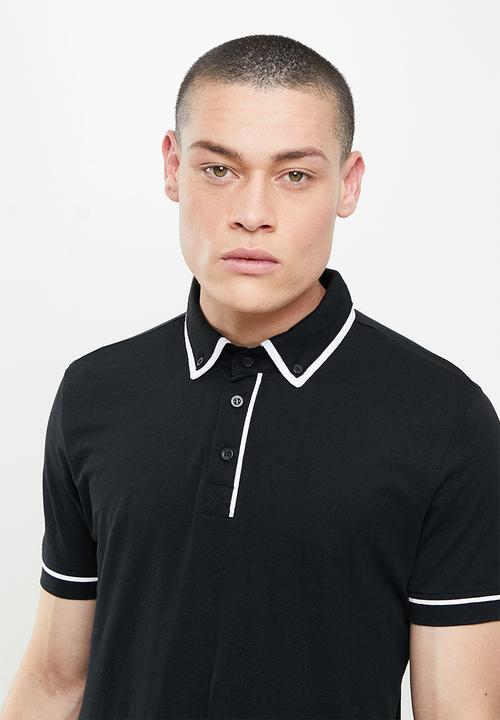 Brave Soul - Virgil 3 button piping detail polo - black