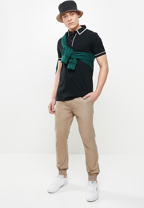 Brave Soul - Virgil 3 button piping detail polo - black