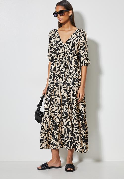 VELVET - Plunging empire cutline tiered maxi dress - black & brown 