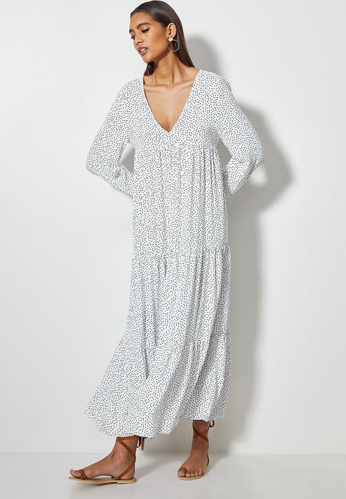 VELVET - Plunging emrpire cutline tiered mi daxi dress - white & black 