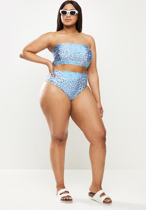 Cotton On - Curve bandeau bikini top - patchwork ditsy blue