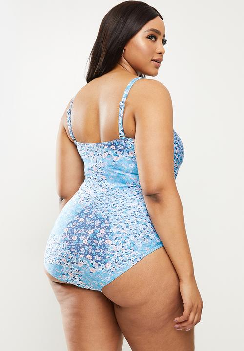 Cotton On - Curve swim strapless one piece - patchwork ditsy blue