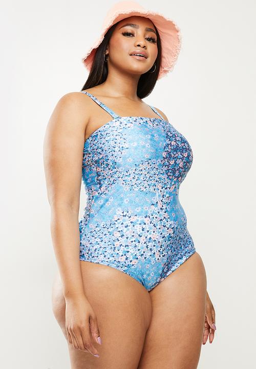 Cotton On - Curve swim strapless one piece - patchwork ditsy blue