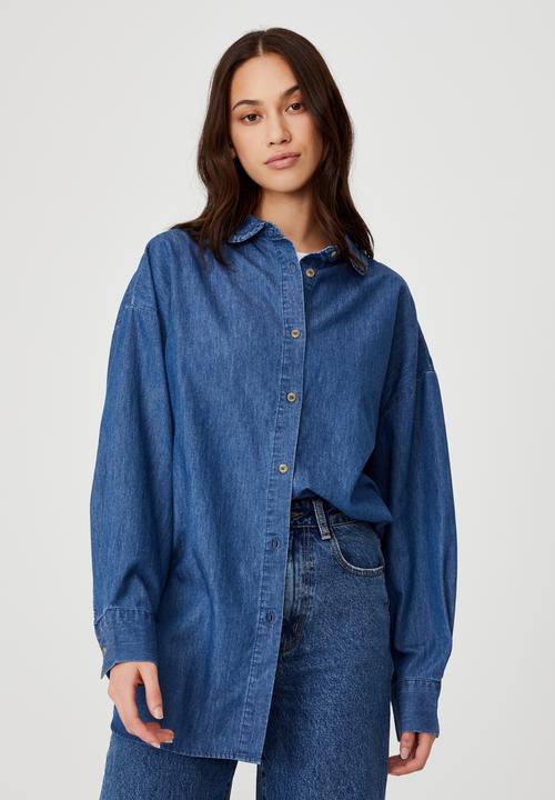 Cotton On - Lily frill collar long sleeve shirt - mid chambray blue