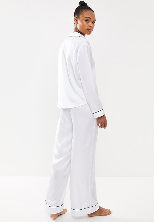 Missguided - Satin pipped trim pj set - white