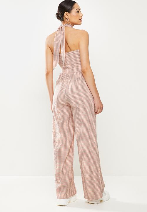 Missguided - Wrap front tie neck wide leg jumpsuit - neutral rose