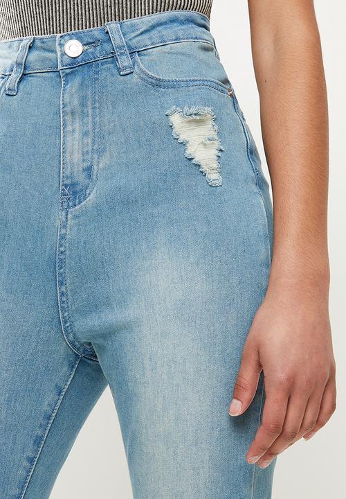 Missguided - Petite sinner highwaisted destroyed hem skinny - blue