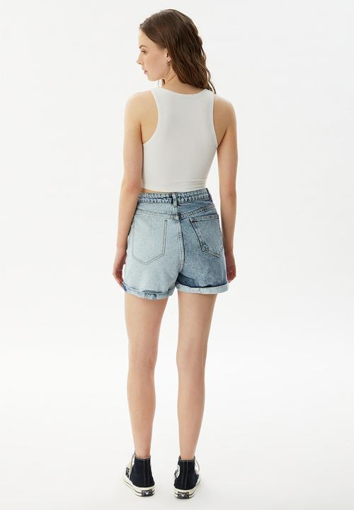 Trendyol - Color block denim shorts with asymmetric closure - blue