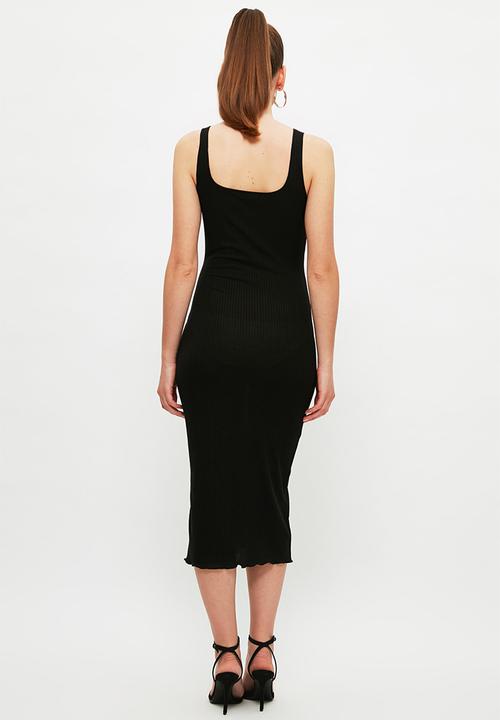 Trendyol - Square neck corduroy midi knitted dress - black