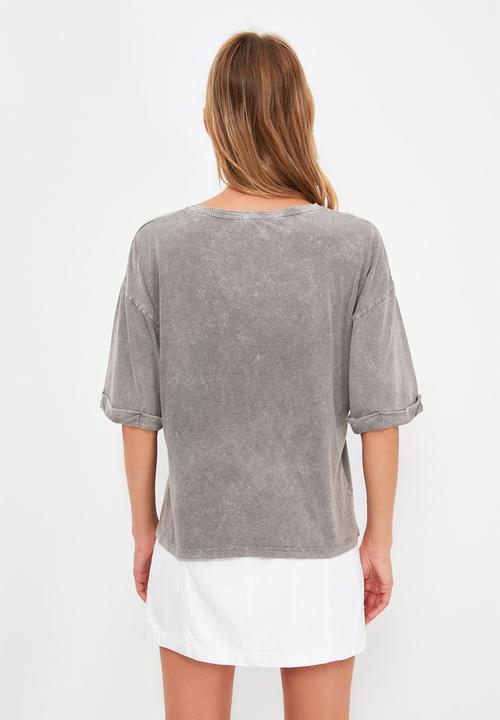 Trendyol - Printed boyfriend knitted t-shirt - grey