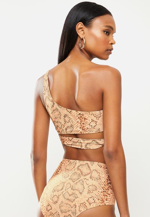 Missguided - Muted snake one shoulder tie bikini top - sand