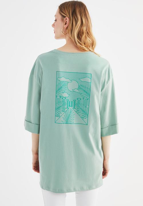 Trendyol - Boyfriend front and back printed knitted T-shirt  - green