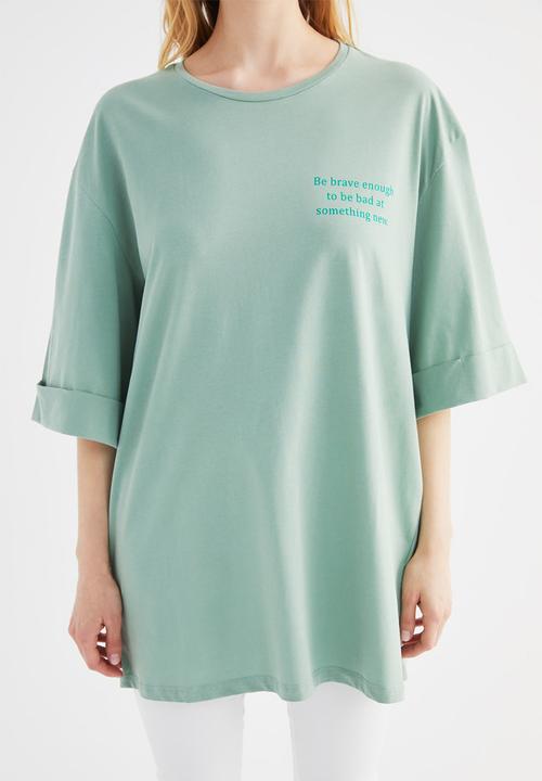 Trendyol - Boyfriend front and back printed knitted T-shirt  - green