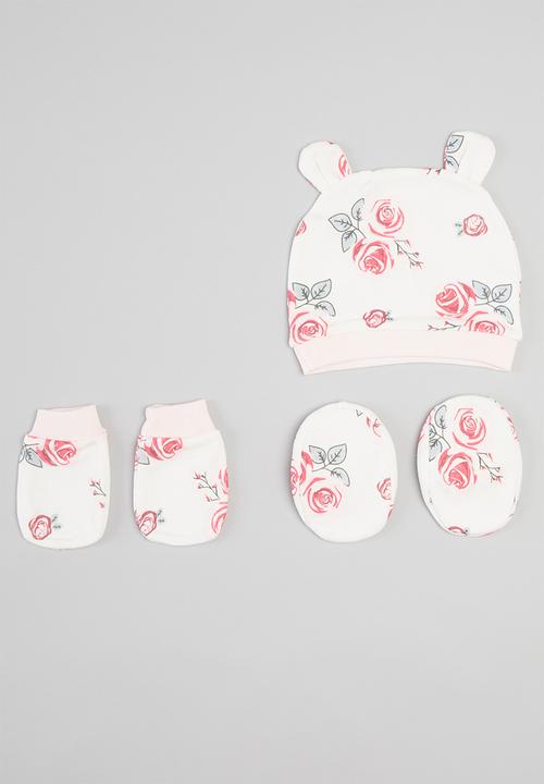 Pop Candy - Girls floral beanie, mittons & booties set - white