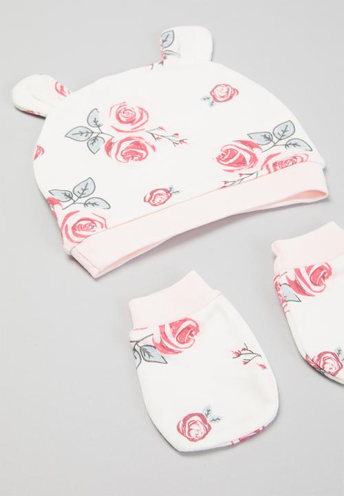 Pop Candy - Girls floral beanie, mittons & booties set - white