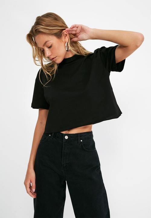 Trendyol - 2-pack crop knitted T-shirt  - black and white