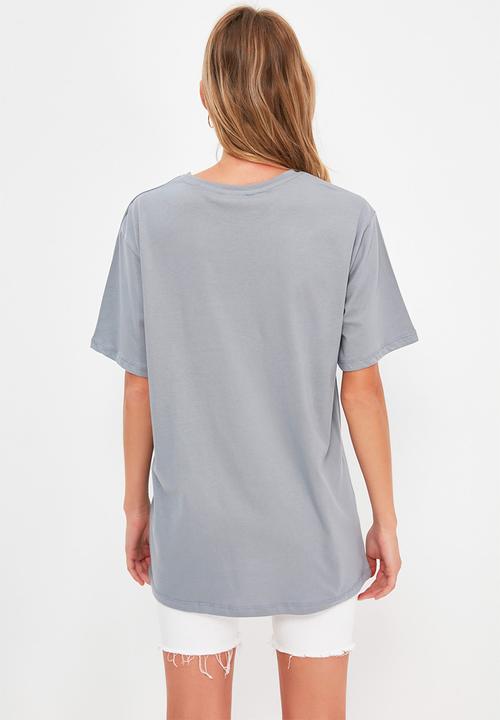 Trendyol - Printed boyfriend knitted T-shirt  - grey