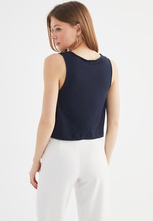 Trendyol - Side cross detailed crop knitted T-shirt - navy