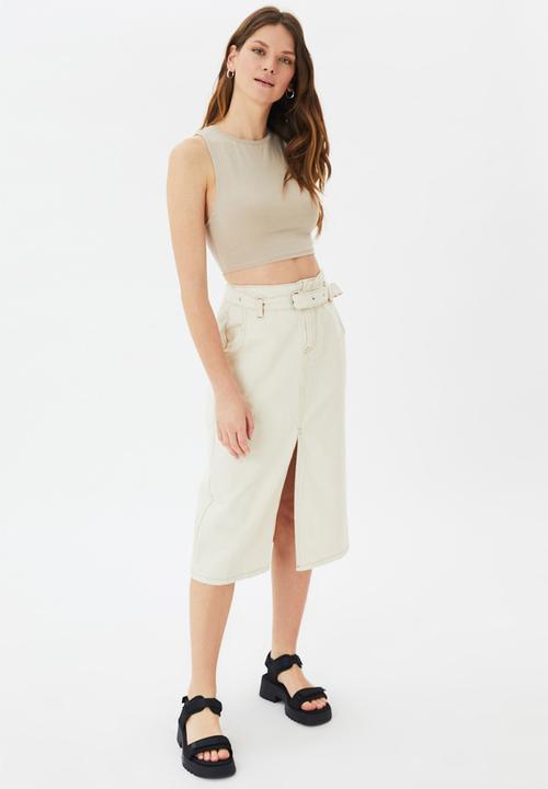 Trendyol - Slit belted midi denim skirt - ecru