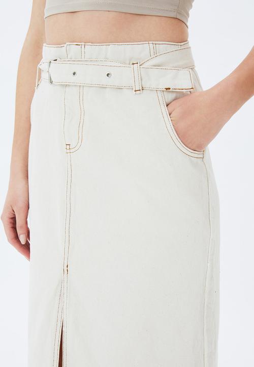 Trendyol - Slit belted midi denim skirt - ecru