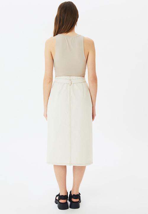 Trendyol - Slit belted midi denim skirt - ecru