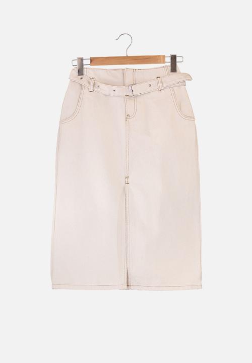 Trendyol - Slit belted midi denim skirt - ecru