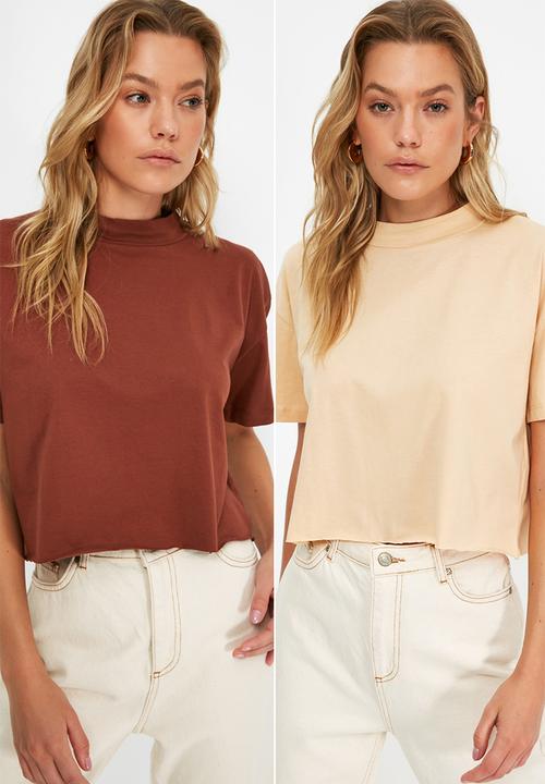 Trendyol - 2-pack crop knitted T-shirt  - brown & beige