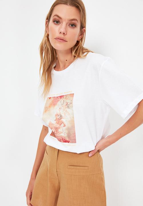 Trendyol - Printed boyfriend knitted T-shirt - white